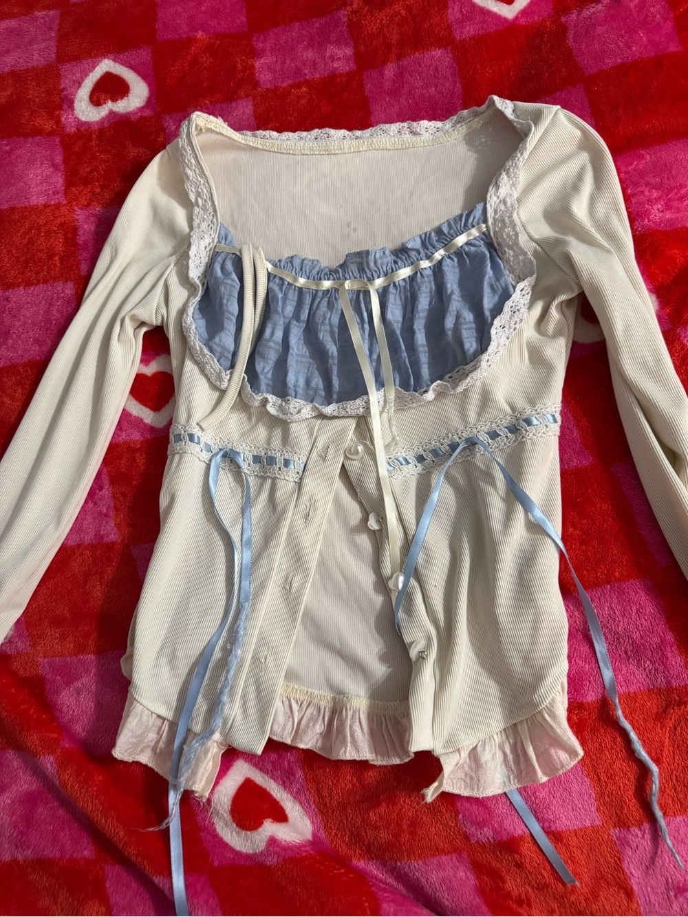 Ivory Lace-Trimmed Romantic Long Sleeve Top with Blue Ruffle